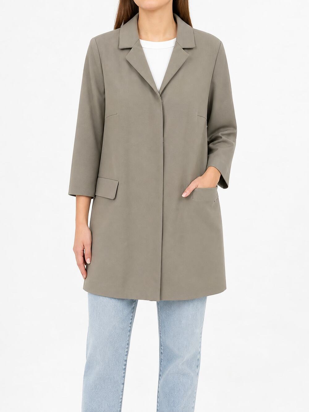 GOSSE Women's Taupe Longline Coat 3/4 Sleeve Jacket Trench Estimated L Rain
